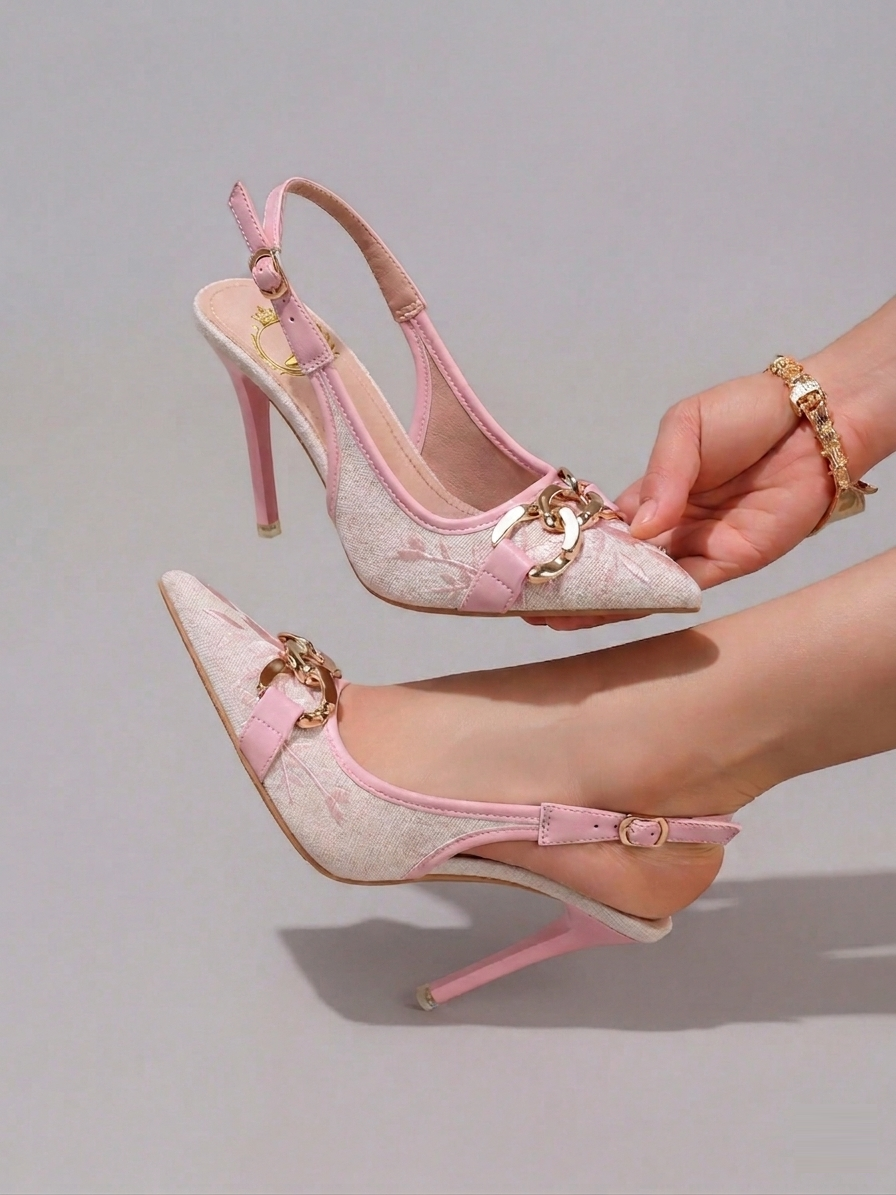 Fashionable Embroidered Chain Decor High Heel Shoes, Sexy Pointed Toe Super High Heels For Ball, Party, Wedding, Elegant White Super High Heels For Women,Mothers Day Gift
