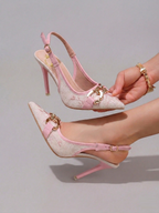 Fashionable Embroidered Chain Decor High Heel Shoes, Sexy Pointed Toe Super High Heels For Ball, Party, Wedding, Elegant White Super High Heels For Women,Mothers Day Gift
