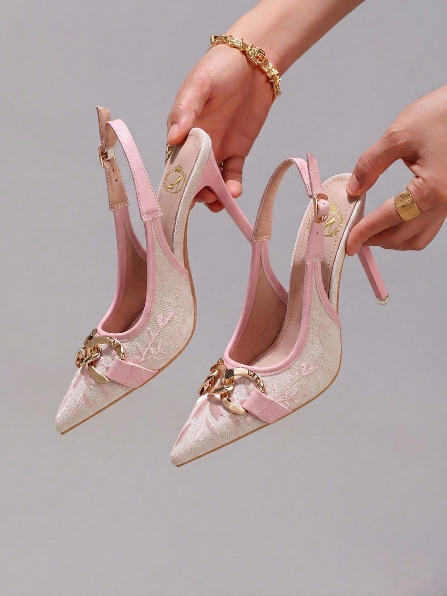 Fashionable Embroidered Chain Decor High Heel Shoes, Sexy Pointed Toe Super High Heels For Ball, Party, Wedding, Elegant White Super High Heels For Women,Mothers Day Gift