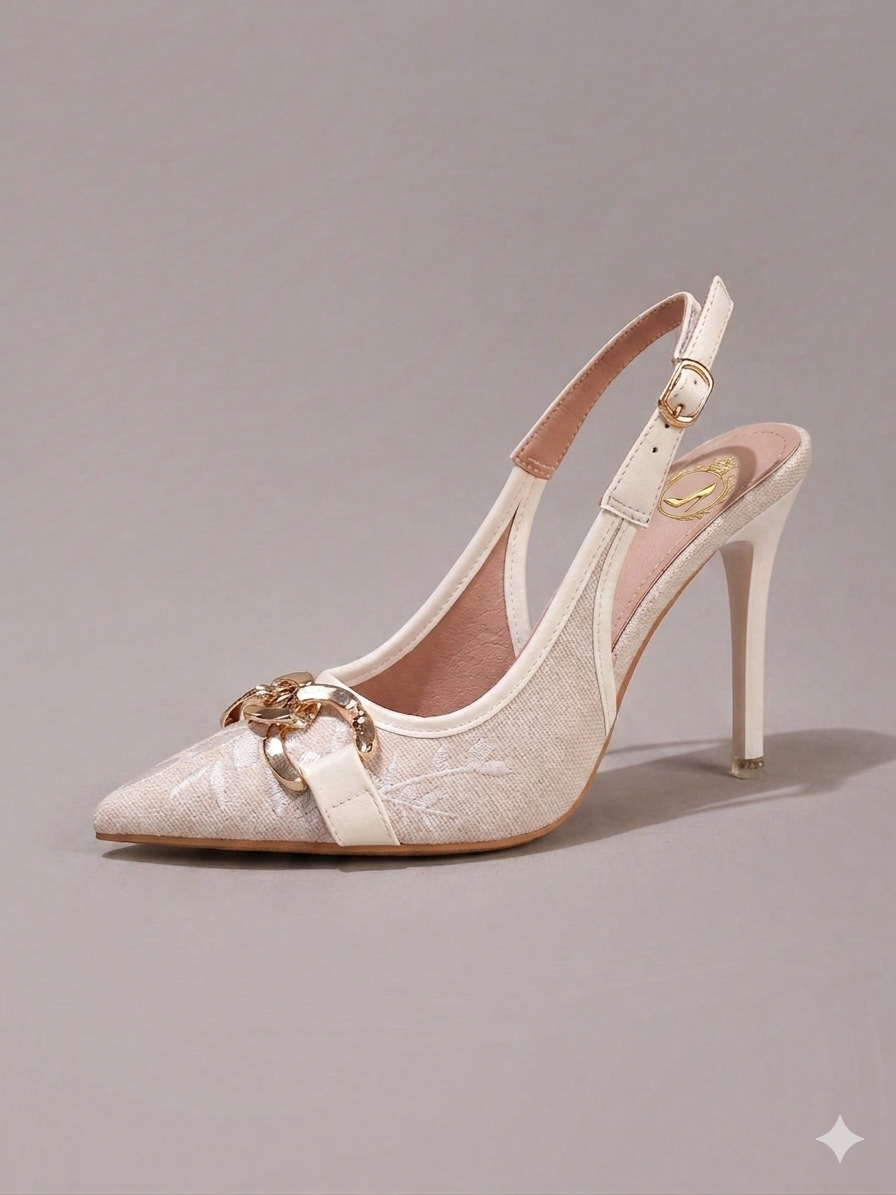 Fashionable Embroidered Chain Decor High Heel Shoes, Sexy Pointed Toe Super High Heels For Ball, Party, Wedding, Elegant White Super High Heels For Women,Mothers Day Gift