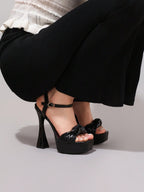 Fashionable Twist Knot Black High Heel Sandals, Sexy Party Shoes, Open Toe Square Heel Mules, High Platform Heels For Women
