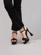 Fashionable Twist Knot Black High Heel Sandals, Sexy Party Shoes, Open Toe Square Heel Mules, High Platform Heels For Women