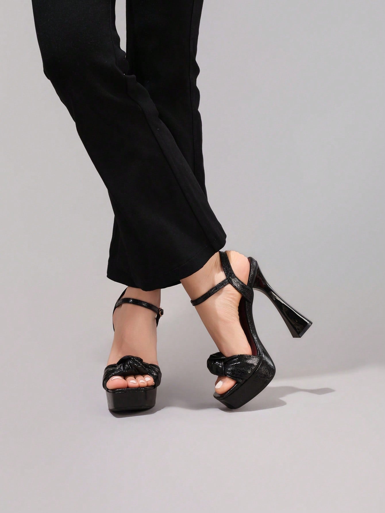 Fashionable Twist Knot Black High Heel Sandals, Sexy Party Shoes, Open Toe Square Heel Mules, High Platform Heels For Women