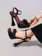 Fashionable Twist Knot Black High Heel Sandals, Sexy Party Shoes, Open Toe Square Heel Mules, High Platform Heels For Women