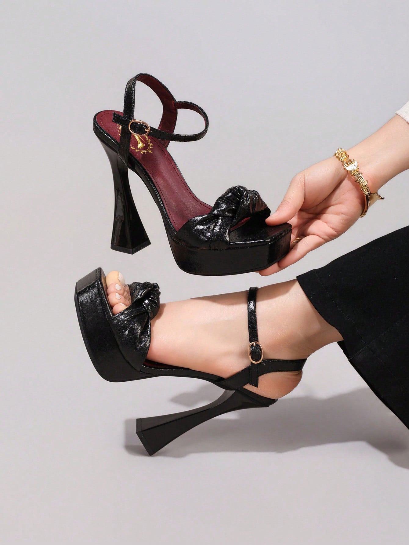 Fashionable Twist Knot Black High Heel Sandals, Sexy Party Shoes, Open Toe Square Heel Mules, High Platform Heels For Women