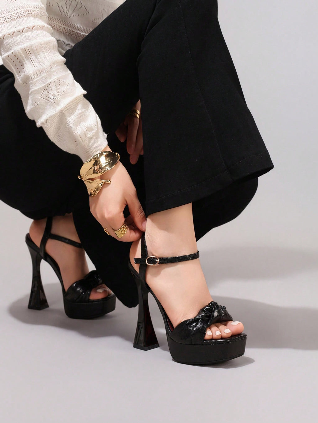 Fashionable Twist Knot Black High Heel Sandals, Sexy Party Shoes, Open Toe Square Heel Mules, High Platform Heels For Women