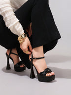 Fashionable Twist Knot Black High Heel Sandals, Sexy Party Shoes, Open Toe Square Heel Mules, High Platform Heels For Women