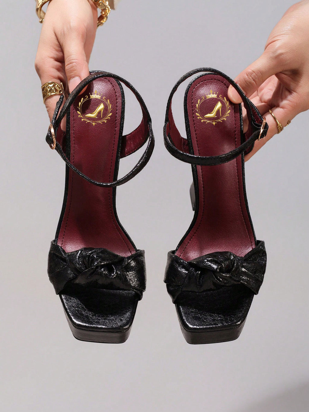 Fashionable Twist Knot Black High Heel Sandals, Sexy Party Shoes, Open Toe Square Heel Mules, High Platform Heels For Women