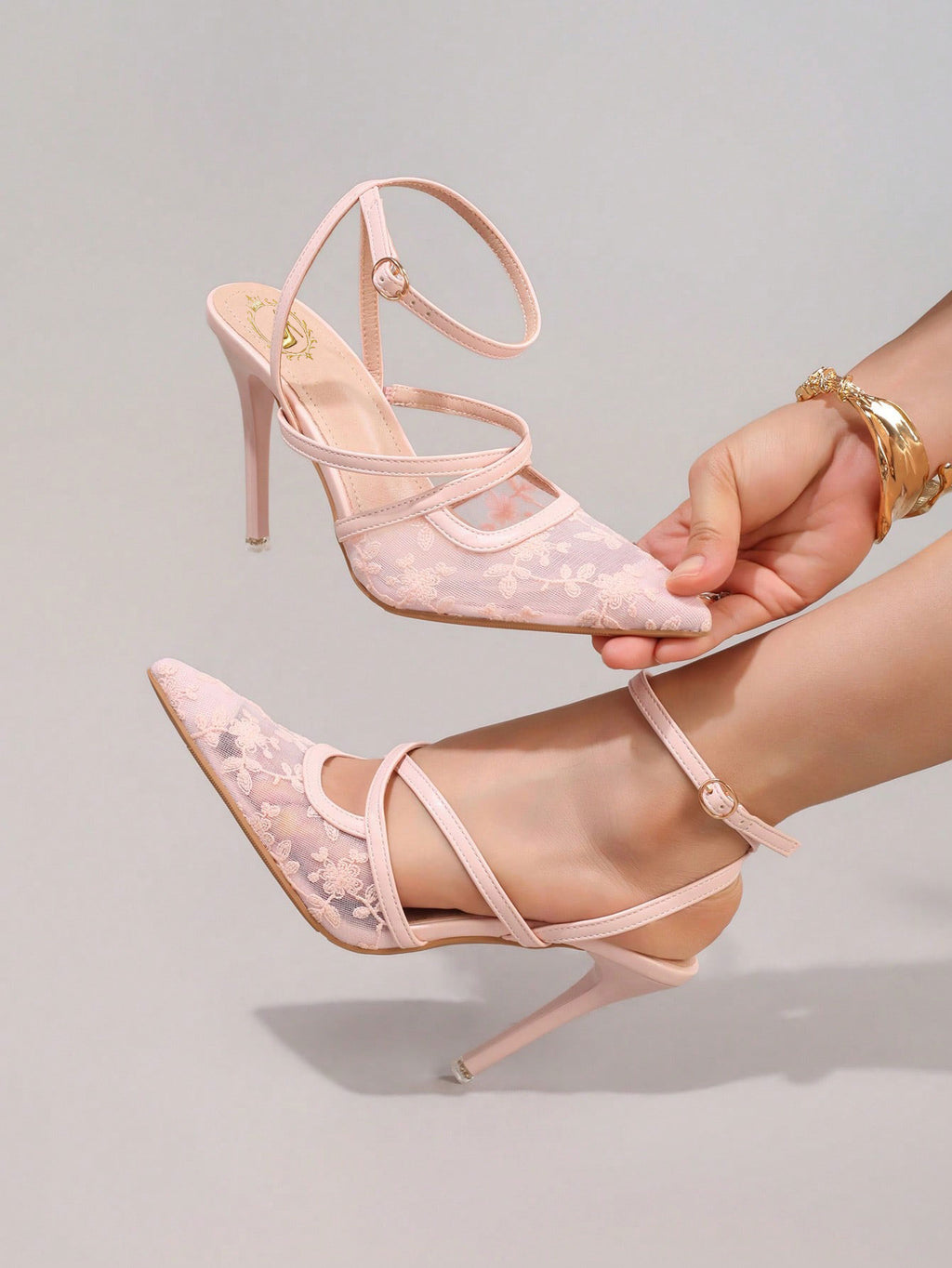 Fashionable Lace Embroidered High Heel Shoes, Sexy Pointed Toe Super High Heels For Banquet & Party, Elegant Ankle Strap Pink High Heels For Women,Summer Shoes