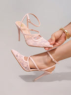 Fashionable Lace Embroidered High Heel Shoes, Sexy Pointed Toe Super High Heels For Banquet & Party, Elegant Ankle Strap Pink High Heels For Women,Summer Shoes