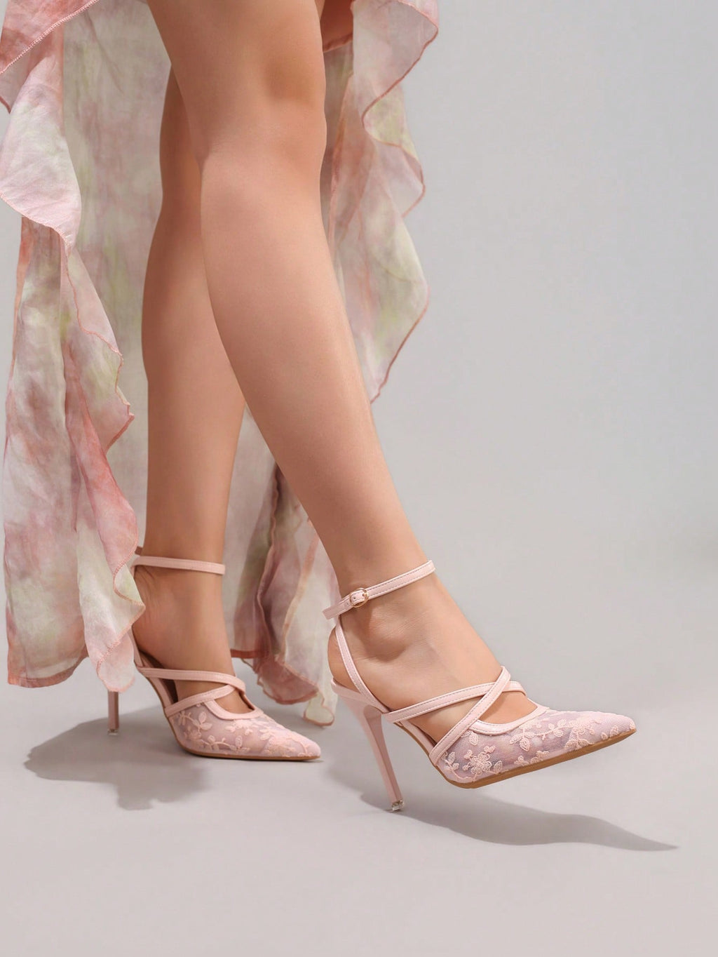 Fashionable Lace Embroidered High Heel Shoes, Sexy Pointed Toe Super High Heels For Banquet & Party, Elegant Ankle Strap Pink High Heels For Women,Summer Shoes