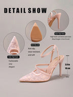 Fashionable Lace Embroidered High Heel Shoes, Sexy Pointed Toe Super High Heels For Banquet & Party, Elegant Ankle Strap Pink High Heels For Women,Summer Shoes