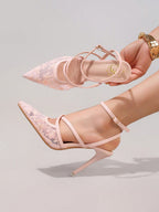 Fashionable Lace Embroidered High Heel Shoes, Sexy Pointed Toe Super High Heels For Banquet & Party, Elegant Ankle Strap Pink High Heels For Women,Summer Shoes