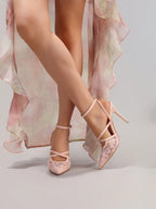 Fashionable Lace Embroidered High Heel Shoes, Sexy Pointed Toe Super High Heels For Banquet & Party, Elegant Ankle Strap Pink High Heels For Women,Summer Shoes