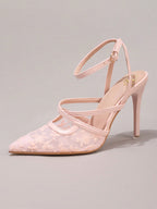 Fashionable Lace Embroidered High Heel Shoes, Sexy Pointed Toe Super High Heels For Banquet & Party, Elegant Ankle Strap Pink High Heels For Women,Summer Shoes