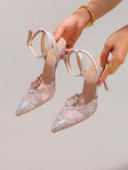 Fashionable Lace Embroidered High Heel Shoes, Sexy Pointed Toe Super High Heel Party Shoes, Thin Heel Grey Sandals For Women, Summer Shoes