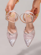 Fashionable Lace Embroidered High Heel Shoes, Sexy Pointed Toe Super High Heel Party Shoes, Thin Heel Grey Sandals For Women, Summer Shoes