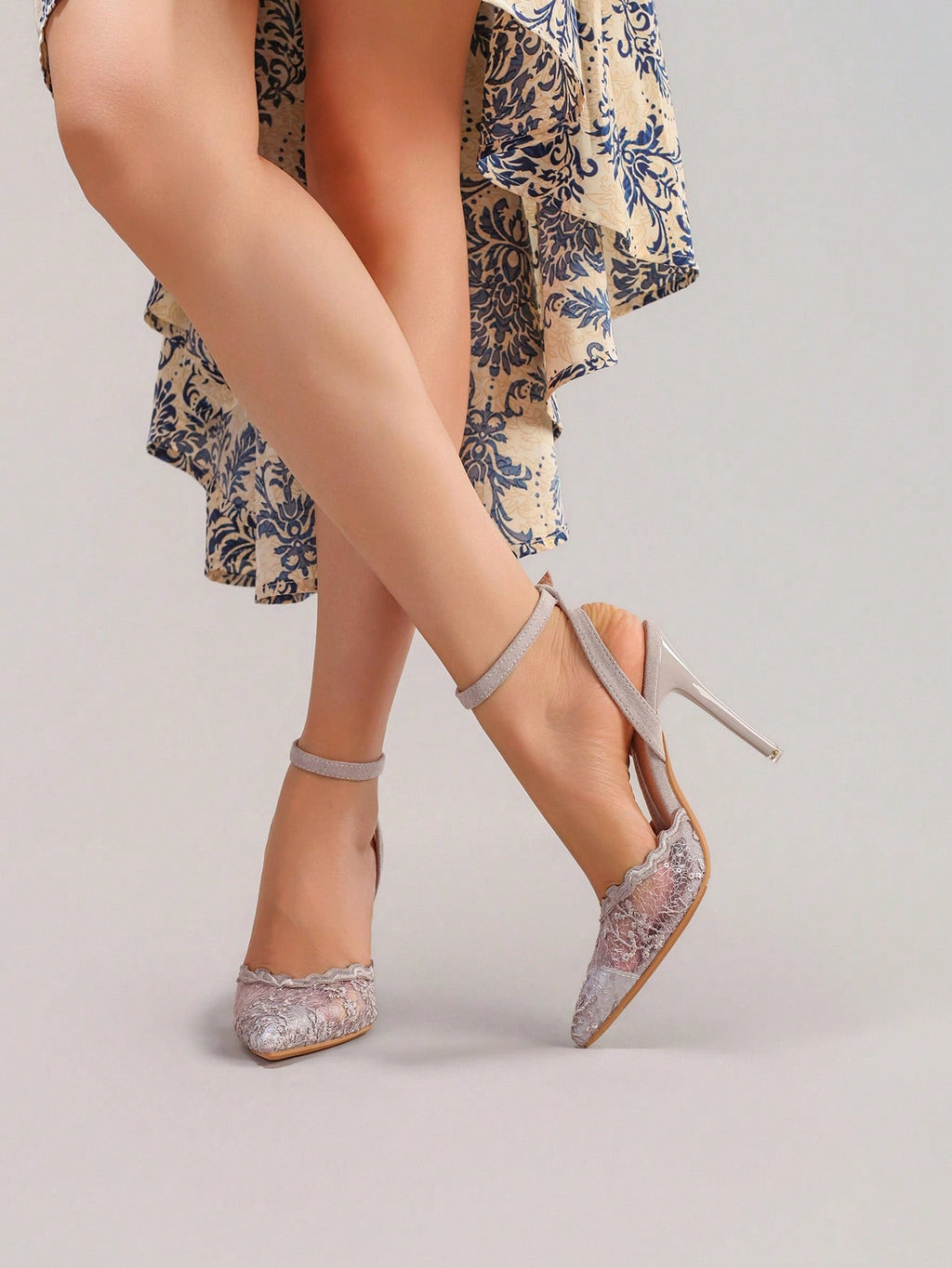 Fashionable Lace Embroidered High Heel Shoes, Sexy Pointed Toe Super High Heel Party Shoes, Thin Heel Grey Sandals For Women, Summer Shoes