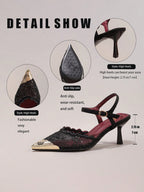 Fashionable Lace Embroidered High Heel Shoes, Metal Toe Sexy Pointed Toe Super High Heel Evening Party Shoes, Thin Heel Black Sandals For Women, Summer Shoes