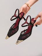 Fashionable Lace Embroidered High Heel Shoes, Metal Toe Sexy Pointed Toe Super High Heel Evening Party Shoes, Thin Heel Black Sandals For Women, Summer Shoes
