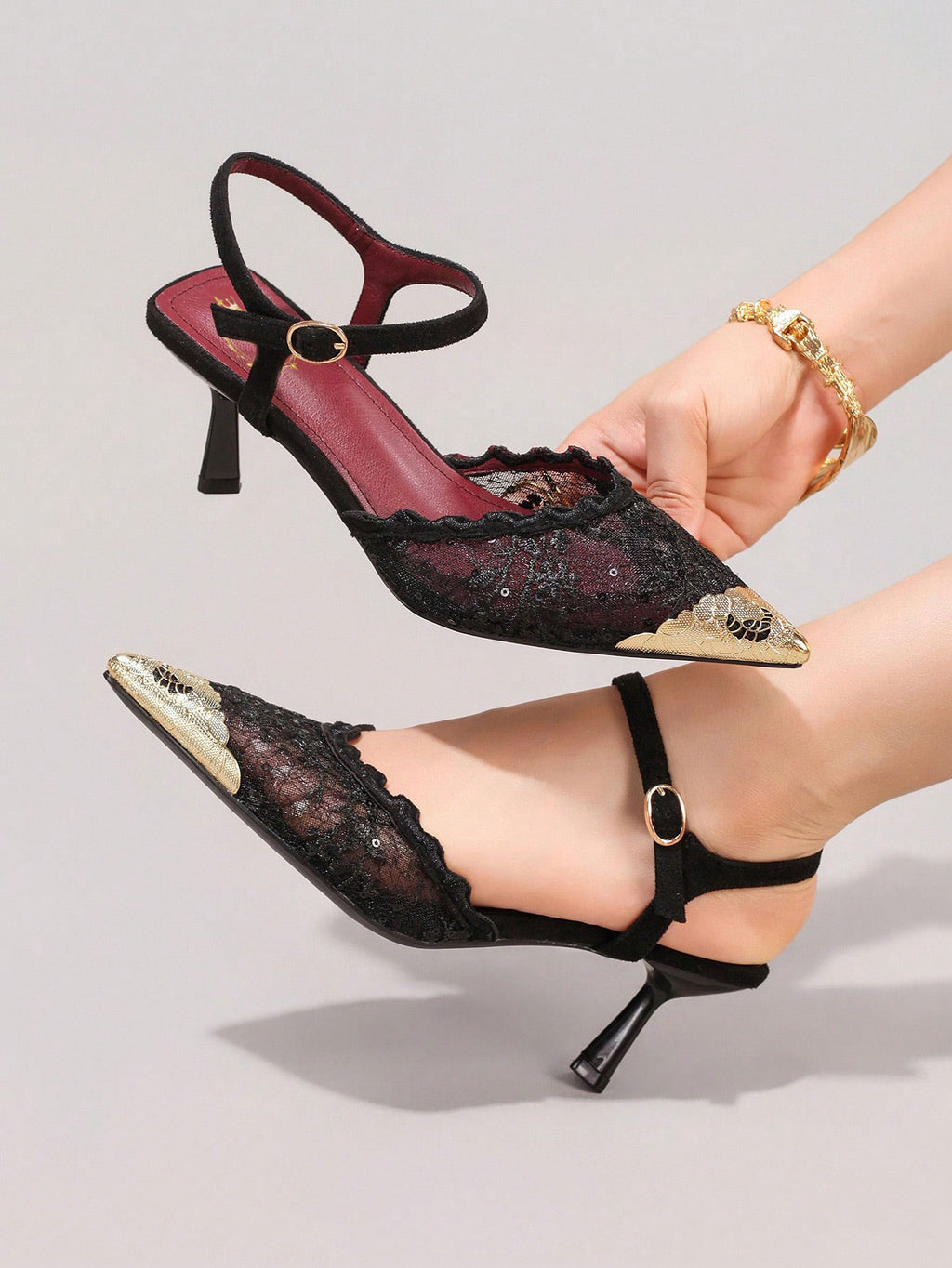 Fashionable Lace Embroidered High Heel Shoes, Metal Toe Sexy Pointed Toe Super High Heel Evening Party Shoes, Thin Heel Black Sandals For Women, Summer Shoes