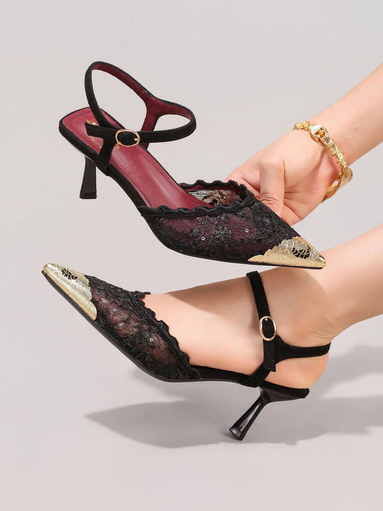 Fashionable Lace Embroidered High Heel Shoes, Metal Toe Sexy Pointed Toe Super High Heel Evening Party Shoes, Thin Heel Black Sandals For Women, Summer Shoes
