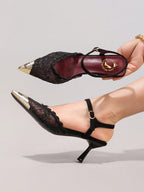 Fashionable Lace Embroidered High Heel Shoes, Metal Toe Sexy Pointed Toe Super High Heel Evening Party Shoes, Thin Heel Black Sandals For Women, Summer Shoes