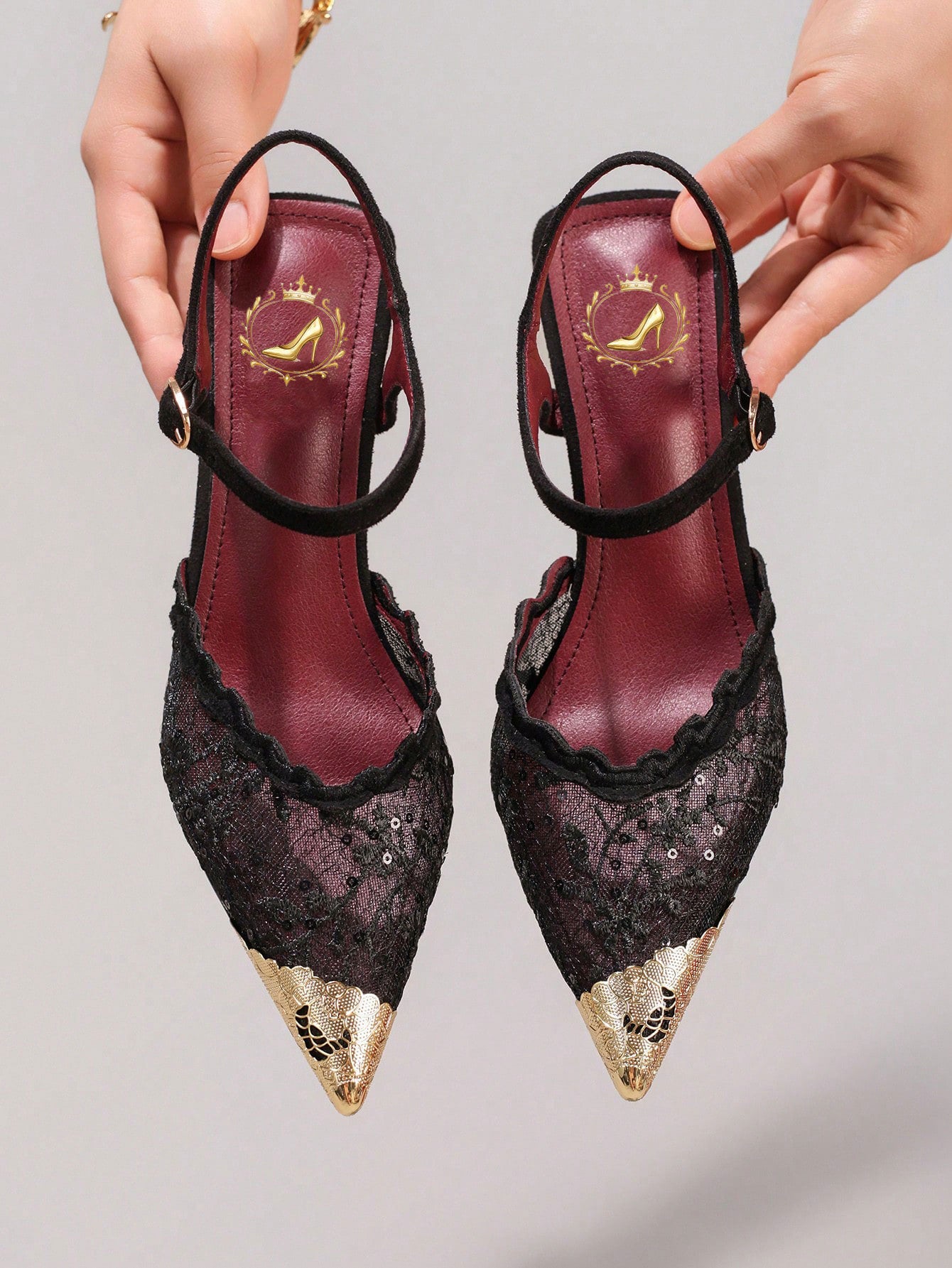Fashionable Lace Embroidered High Heel Shoes, Metal Toe Sexy Pointed Toe Super High Heel Evening Party Shoes, Thin Heel Black Sandals For Women, Summer Shoes