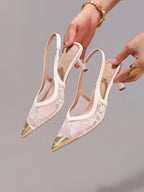 Fashionable Lace Embroidered White High Heels, Metal Toe Sexy Pointed Toe Super High Heel Party Shoes, Elegant Wedding Shoes, Stilettos Sandals For Women