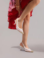 Fashionable Lace Embroidered White High Heels, Metal Toe Sexy Pointed Toe Super High Heel Party Shoes, Elegant Wedding Shoes, Stilettos Sandals For Women