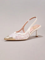 Fashionable Lace Embroidered White High Heels, Metal Toe Sexy Pointed Toe Super High Heel Party Shoes, Elegant Wedding Shoes, Stilettos Sandals For Women