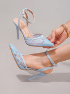 Fashionable Lace Embroidered High Heel Shoes, Sexy Pointed Toe Super High Heel Evening Party Shoes, Thin Heel Blue Sandals For Women, Summer Shoes