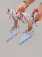 Fashionable Lace Embroidered High Heel Shoes, Sexy Pointed Toe Super High Heel Evening Party Shoes, Thin Heel Blue Sandals For Women, Summer Shoes