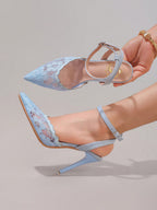 Fashionable Lace Embroidered High Heel Shoes, Sexy Pointed Toe Super High Heel Evening Party Shoes, Thin Heel Blue Sandals For Women, Summer Shoes