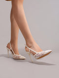 Fashionable Lace Embroidered High Heel Shoes, Banquet Party Stiletto Heel Ankle Strap White Sandals For Women, Wedding Shoes, Summer Shoes