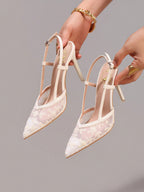 Fashionable Lace Embroidered High Heel Shoes, Banquet Party Stiletto Heel Ankle Strap White Sandals For Women, Wedding Shoes, Summer Shoes