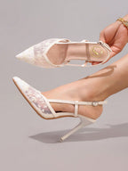 Fashionable Lace Embroidered High Heel Shoes, Banquet Party Stiletto Heel Ankle Strap White Sandals For Women, Wedding Shoes, Summer Shoes