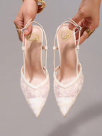 Fashionable Lace Embroidered High Heel Shoes, Banquet Party Stiletto Heel Ankle Strap White Sandals For Women, Wedding Shoes, Summer Shoes