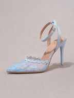 Fashionable Lace Embroidered High Heel Shoes, Sexy Pointed Toe Super High Heel Evening Party Shoes, Thin Heel Blue Sandals For Women, Summer Shoes
