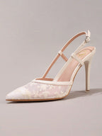Fashionable Lace Embroidered High Heel Shoes, Banquet Party Stiletto Heel Ankle Strap White Sandals For Women, Wedding Shoes, Summer Shoes