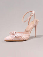 Lace Embroidered High Heels, Fashion Bowknot Decor Sexy Pointed Toe Super High Heel Party Dress Shoes, Thin Strap Sandals For Women