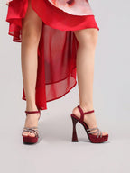 Fashionable Rhinestone High Heel Sandals, Sexy Party Evening Shoes, Open Toe Square Heel Mules, Wine Red High Heels For Women