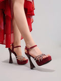Fashionable Rhinestone High Heel Sandals, Sexy Party Evening Shoes, Open Toe Square Heel Mules, Wine Red High Heels For Women