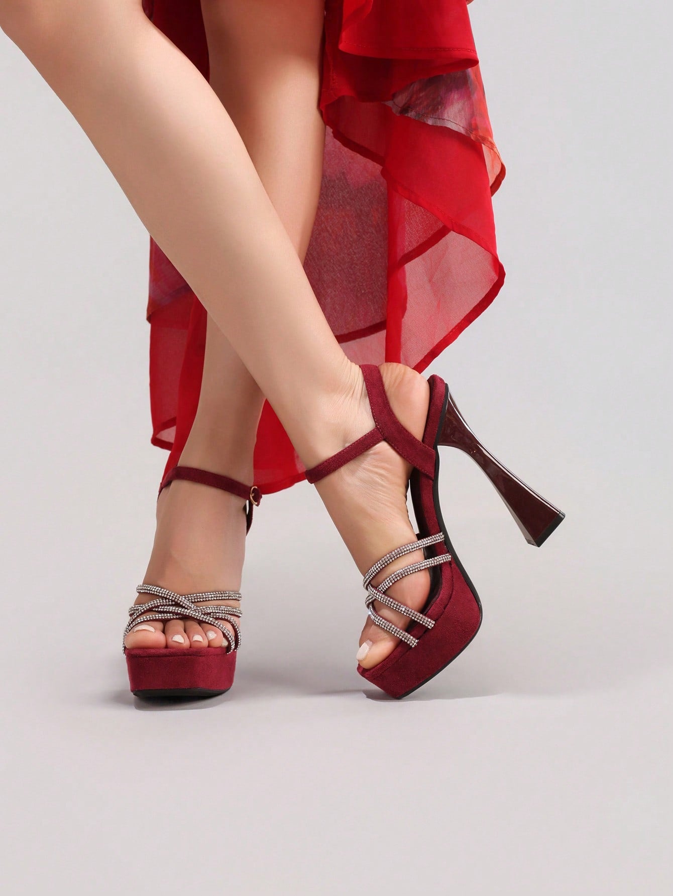 Fashionable Rhinestone High Heel Sandals, Sexy Party Evening Shoes, Open Toe Square Heel Mules, Wine Red High Heels For Women