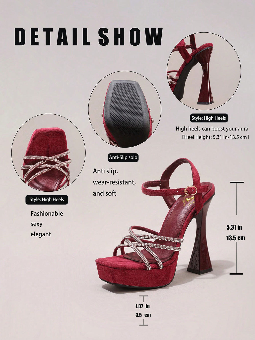 Fashionable Rhinestone High Heel Sandals, Sexy Party Evening Shoes, Open Toe Square Heel Mules, Wine Red High Heels For Women