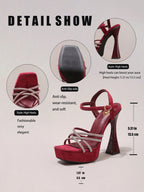 Fashionable Rhinestone High Heel Sandals, Sexy Party Evening Shoes, Open Toe Square Heel Mules, Wine Red High Heels For Women