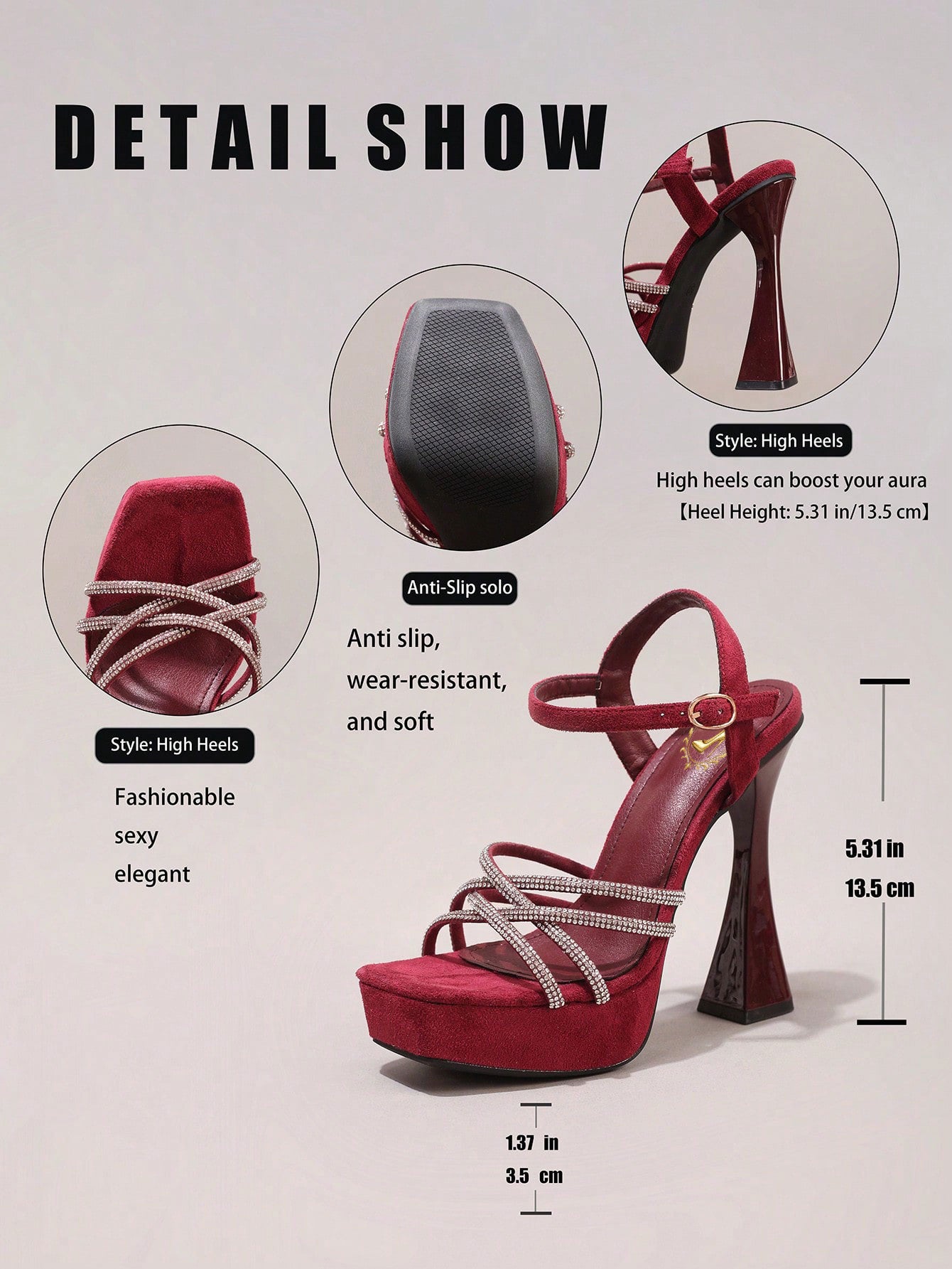 Fashionable Rhinestone High Heel Sandals, Sexy Party Evening Shoes, Open Toe Square Heel Mules, Wine Red High Heels For Women