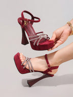 Fashionable Rhinestone High Heel Sandals, Sexy Party Evening Shoes, Open Toe Square Heel Mules, Wine Red High Heels For Women