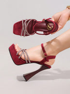 Fashionable Rhinestone High Heel Sandals, Sexy Party Evening Shoes, Open Toe Square Heel Mules, Wine Red High Heels For Women