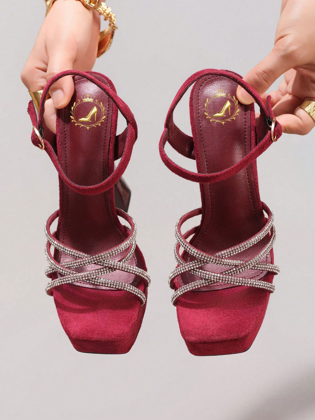 Fashionable Rhinestone High Heel Sandals, Sexy Party Evening Shoes, Open Toe Square Heel Mules, Wine Red High Heels For Women